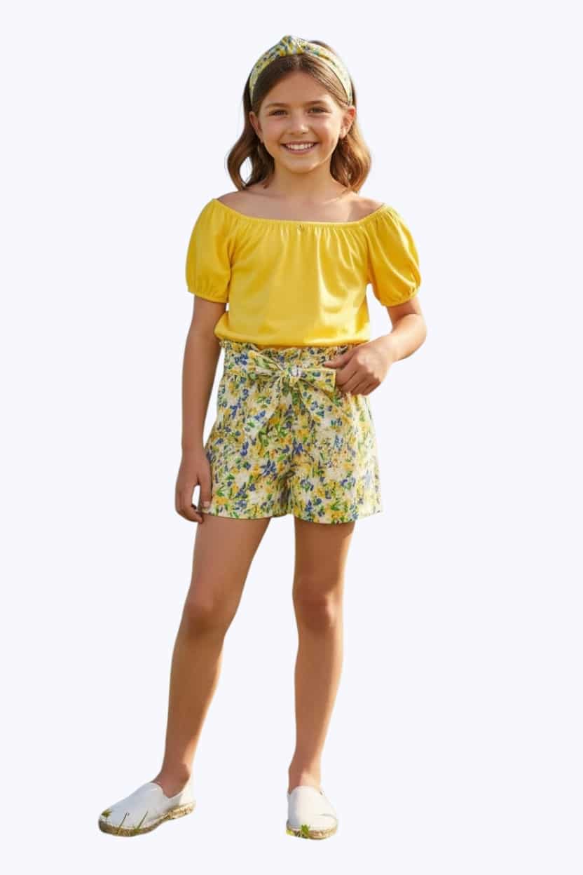 126-525128-YLW.jpg Shorts set with hair ribbon - Image 1