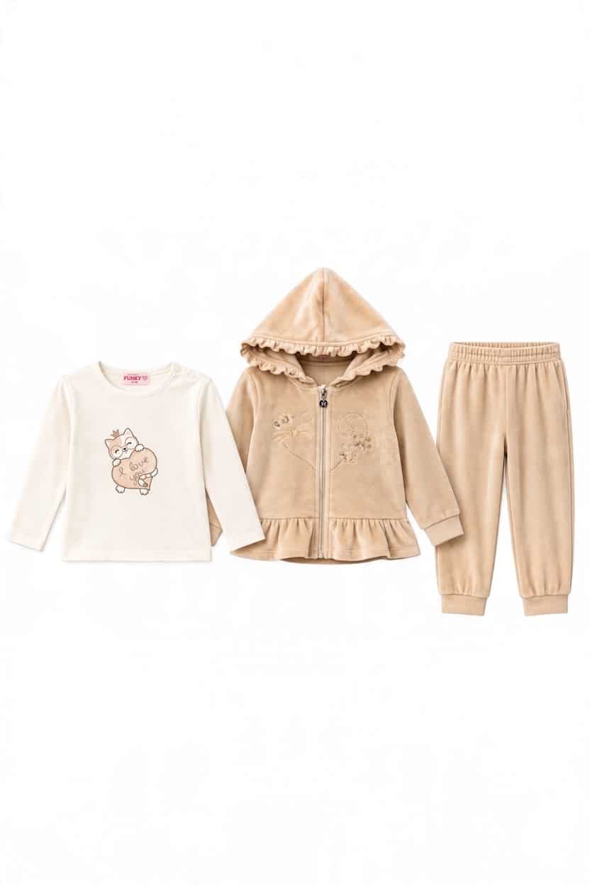 227-995116-BEI.jpg 3 pieces velvet tracksuit - Image 1